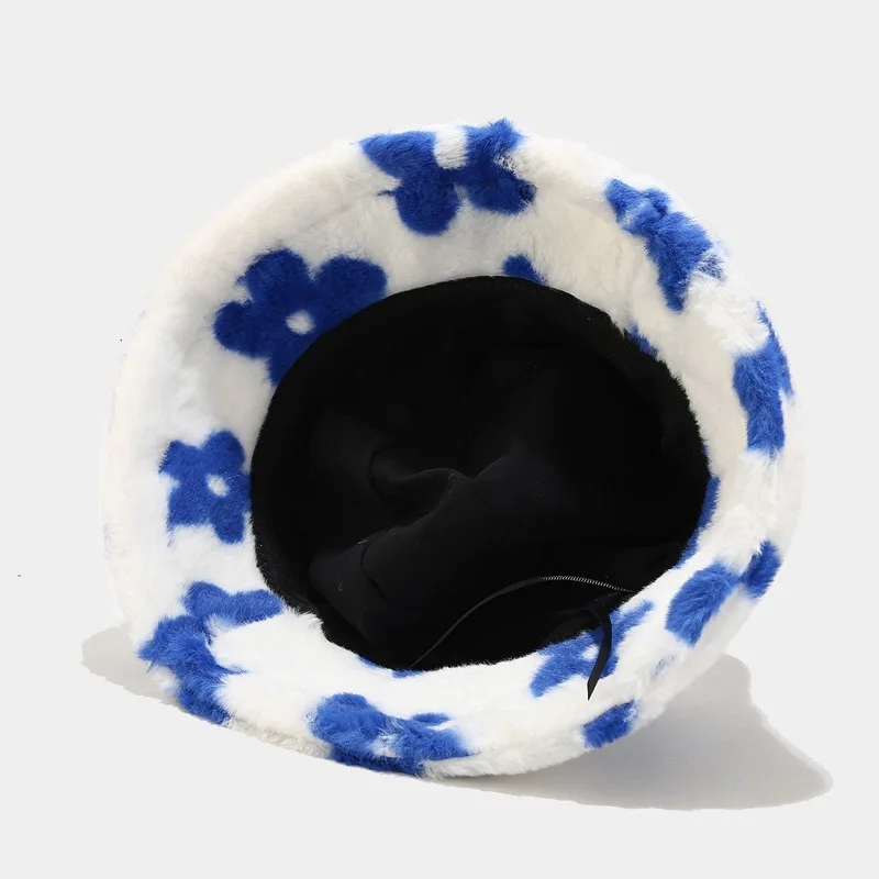 K1913 Winter Flower Bucket Hat Women Fashion Faux Fur Hats Reversible Bob Chapeau Femme Panama Fluffy Fisherman Hat