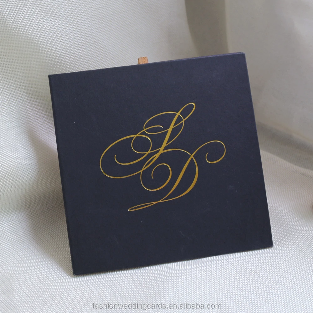 Bespoke Black and Gold Square Hardcover Wedding Invitation Card with Pocket Inside and custom hardcover wedding cards