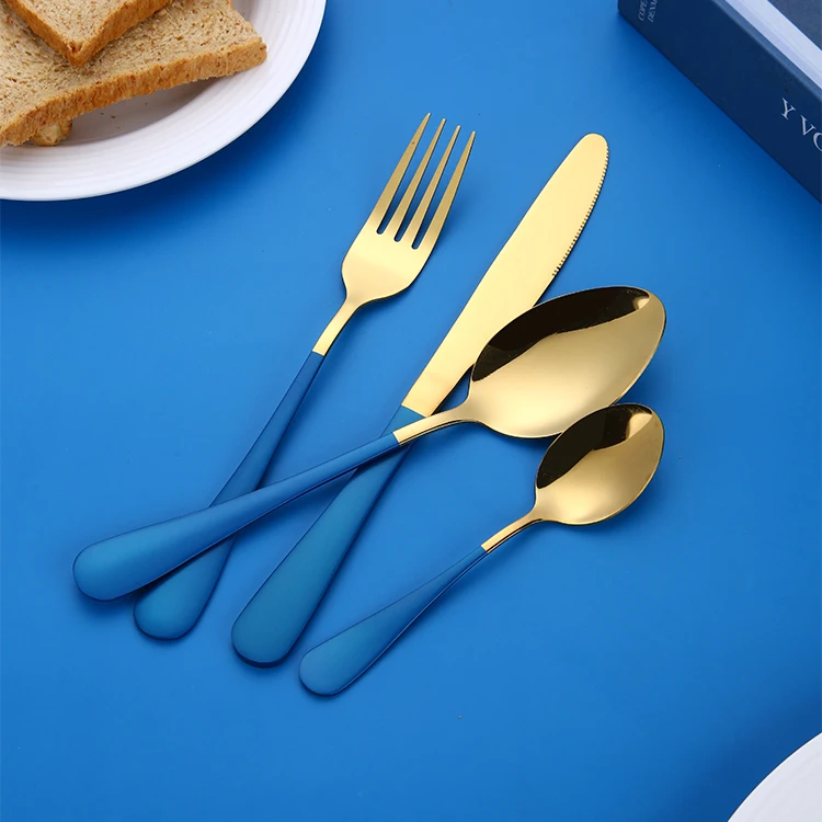 Custom Wholesale Stainless Steel Cutlery Set Blue Gold Flatware