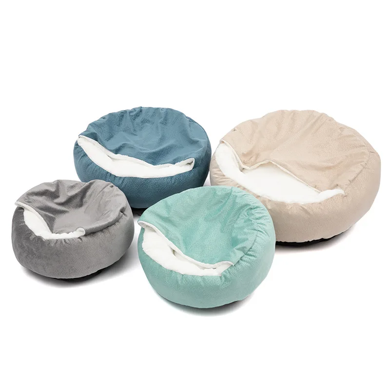 Faux Fur Shell Semi-Enclosed Cat Dog Bed Warm Round Fluffy Plush Pet Bed For Indoor Cats