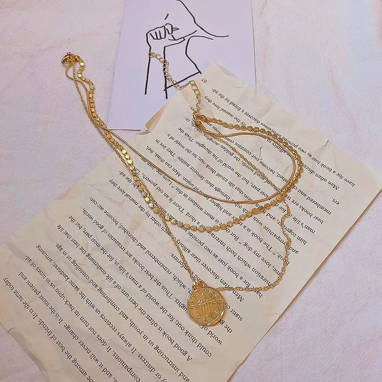 2020 fashion three layer coin gold pendant necklace