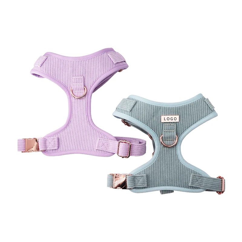Custom Dog Harness Logo Corduroy Velvet Collars Pet Harness And Leash Set With Poop Bag Dispenser