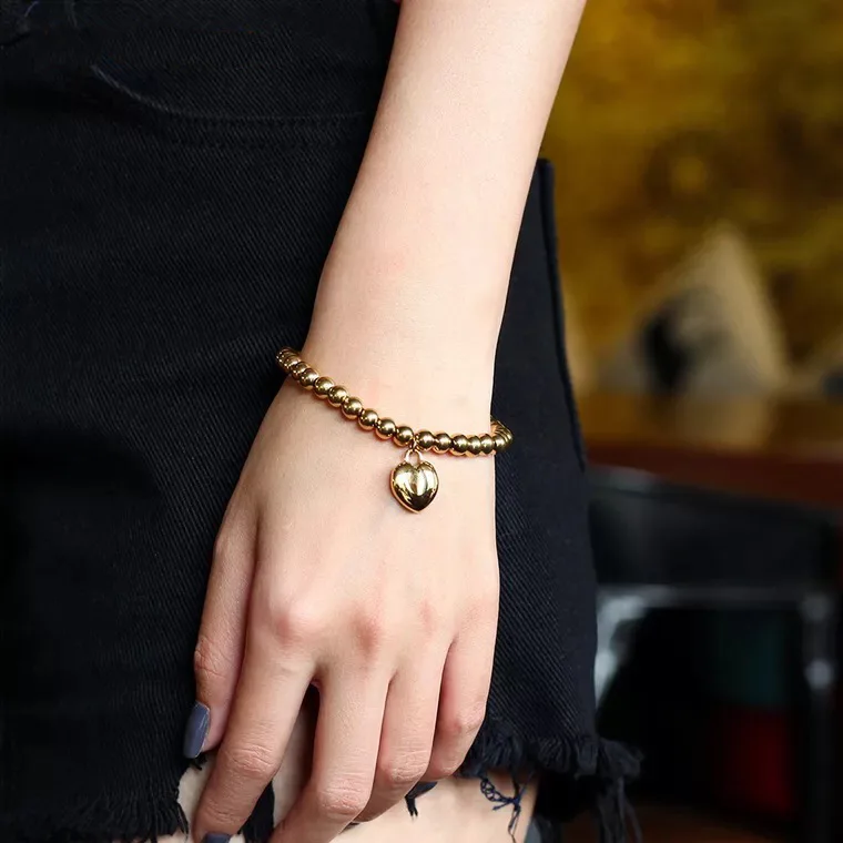 Wholesale Italian Design Ball Jewelry Silver Gold Color Stainless Steel Heart Beads Bracelet for Valentines Gift