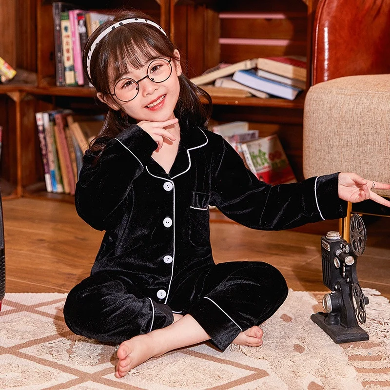 Wholesale Long Sleeves Velvet Kids Girl Pajamas Turn Down Collar With Pocket Children Boy Sleepwear Outfits