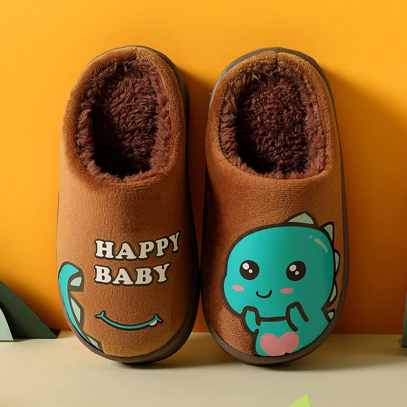 Autumn Winter Boys Girls  Kids Indoor Home Cute Cartoon Non Slip Dinosaur Artificial Woolen Slippers Toddler Sandals