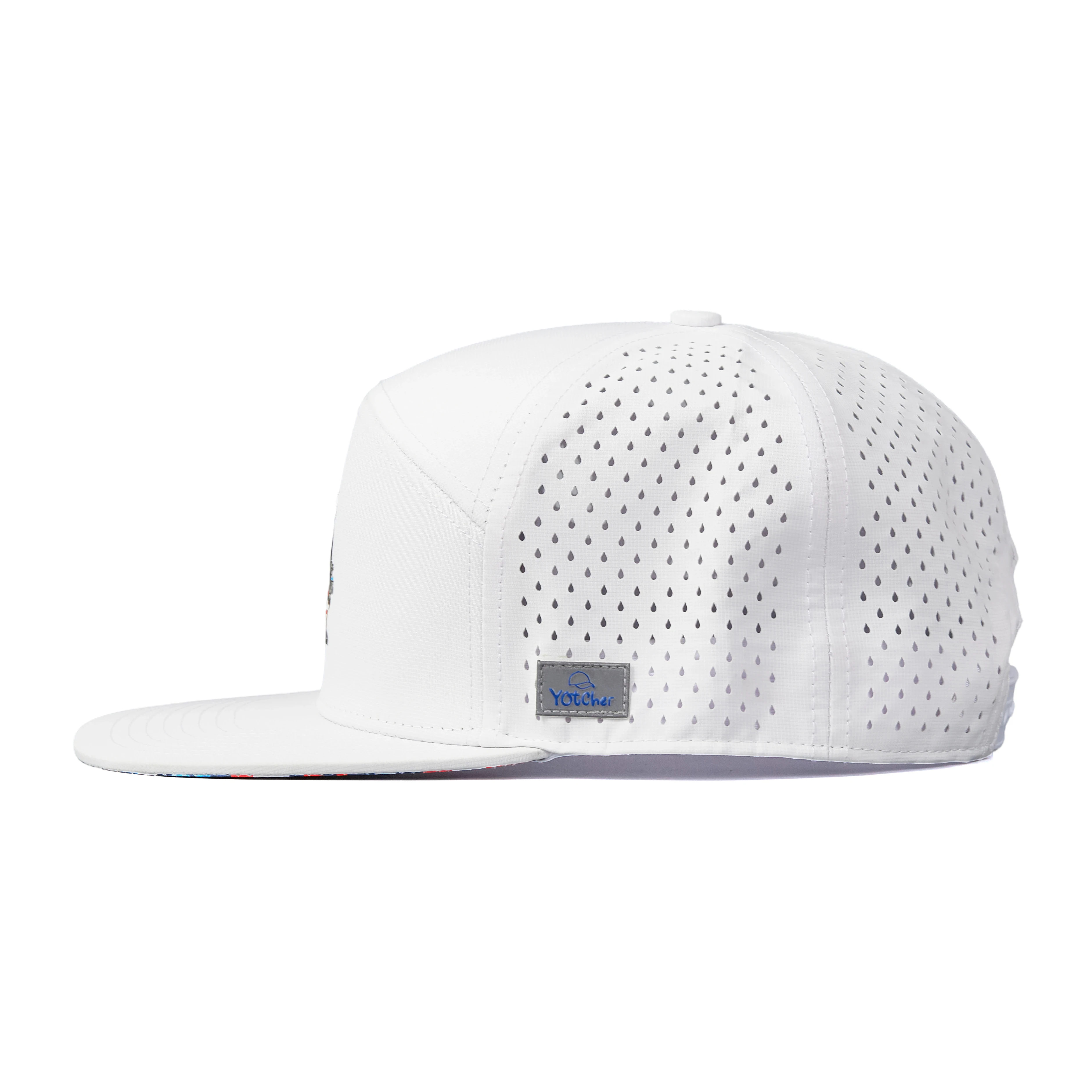 Custom Print Pattern 7 Panel Rubber Patch PVC Logo Flat Bill Waterproof Laser Cutting Drilled Holes Perforated Snapback Caps Hat