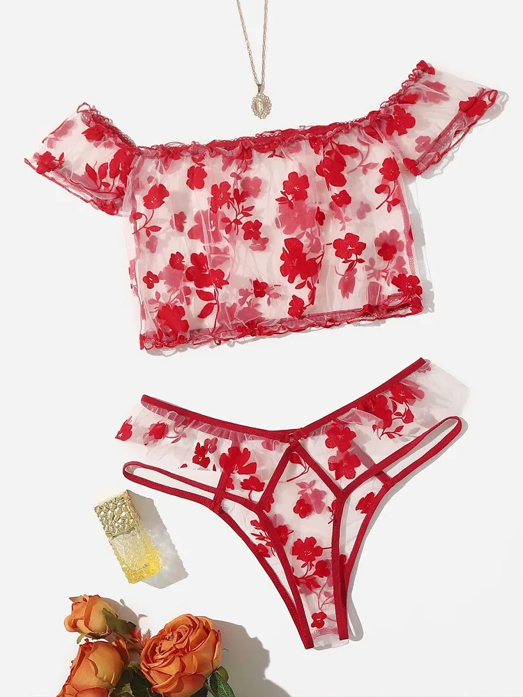 Fashion Nice little underwear Girl With short sleeves Dew shoulder Net yarn print transparent wholesale Nice little underwear