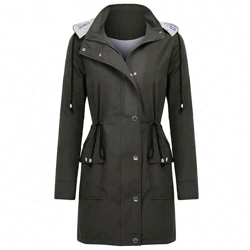 Factory Casual Hooded Collect Waist Rainwear Ms Long Windbreaker Rain Jacket In Women Trench Coat