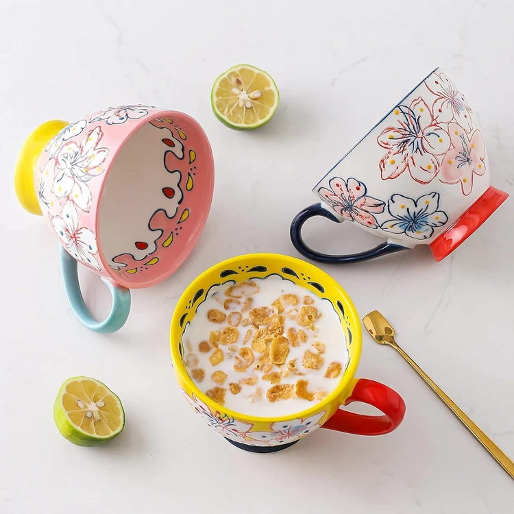 Custom Logo Creative Reusable Retro Style Cup Portable Food Grade Large Capacity Hand-Painted Flower Coffee Mugs Ceramic Cup