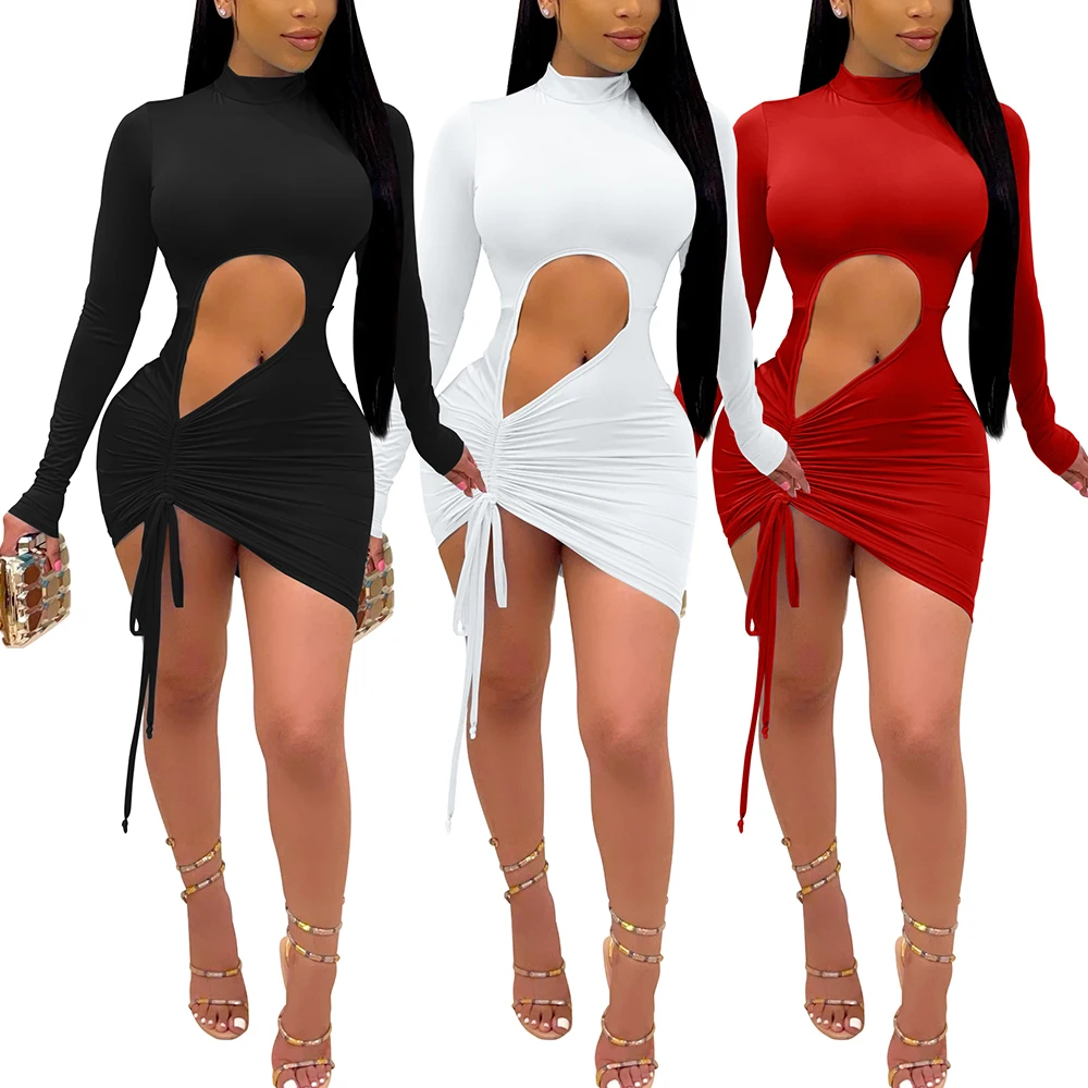 New design plus size ladies dress casual long sleeve ruched bodycon women mini dress