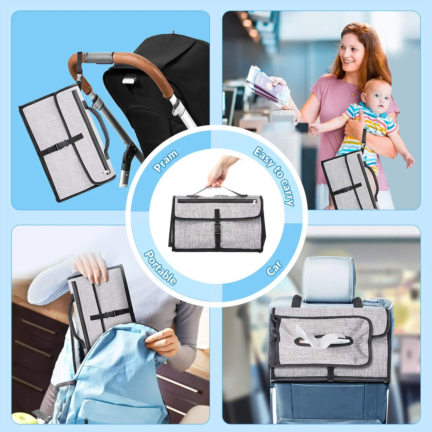 Portable tote small travel outdoor diaper waterproof disposable mummy daddy baby public with removable pouch changing pad mat