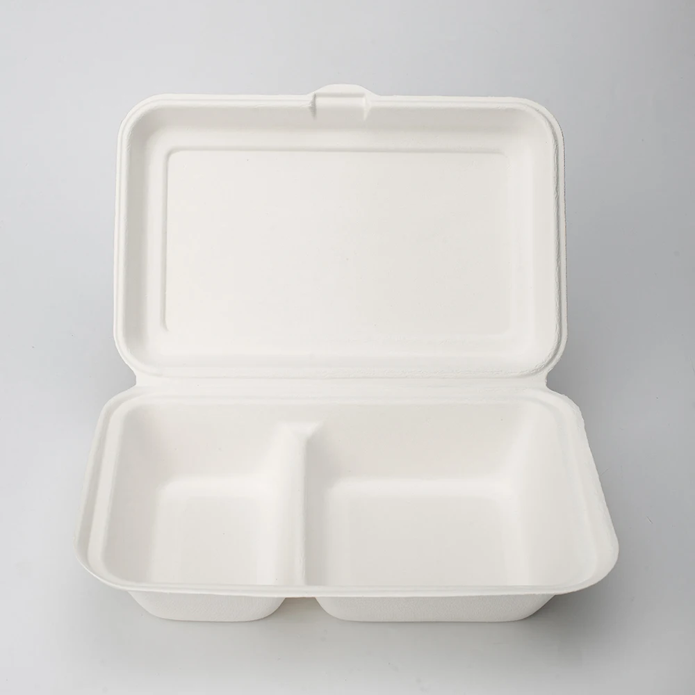 Eco-friendly Biodegradable Sugarcane Bagasse Pulp Molded Clamshell Lunch Boxes For Fast Food Take Away
