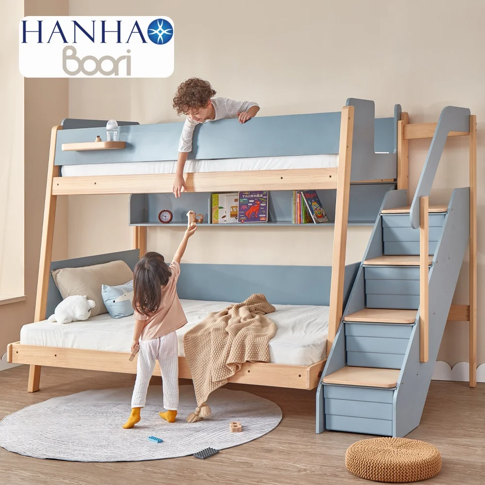 Only B2B Boori Wooden Bedroom Furniture Set Twin Over Full Double Bed Kids Bunk Bed With Storage Drawer Stairs