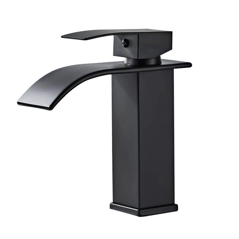 Black Square Paint&Brushed Deck Mount Waterfall Bathroom Faucet Sink Faucet Set