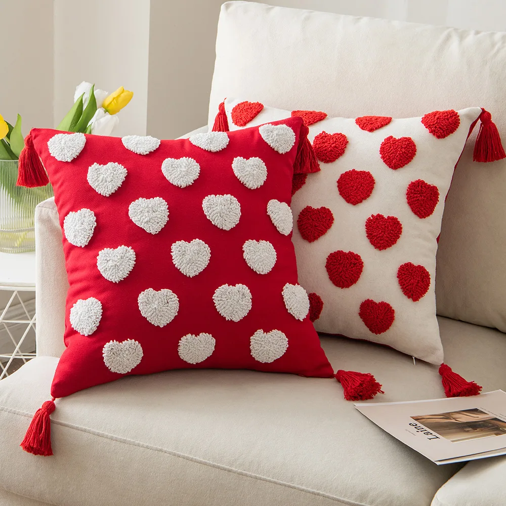 Valentines Pillow Cover Love Heart Red White Throw Pillow Cover Heart Home Bed Sofa Tufted Embroidery Punch Needle Pillow Case