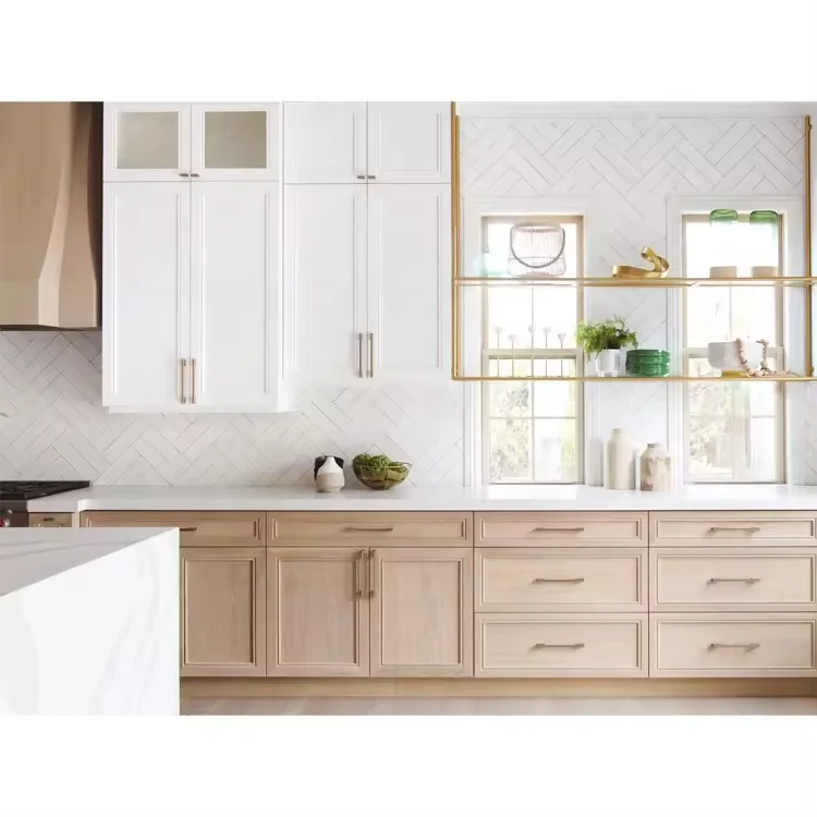 CBMmart American Style Custom Design Kitchen Furniture Shaker White Oak Solid Wood Modern Kitchen Cabinets with Quartz Island