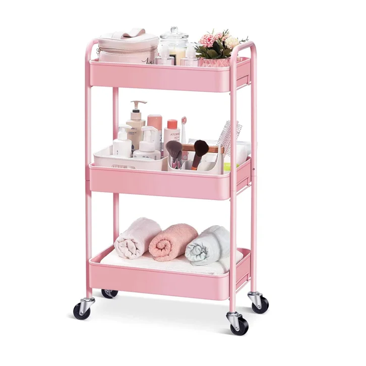 Pink Beauty Tool Cart Multifunctional Hair Salon Tool Cart Small Cart With Roller Air Duct Seat  Simple and Fashionable