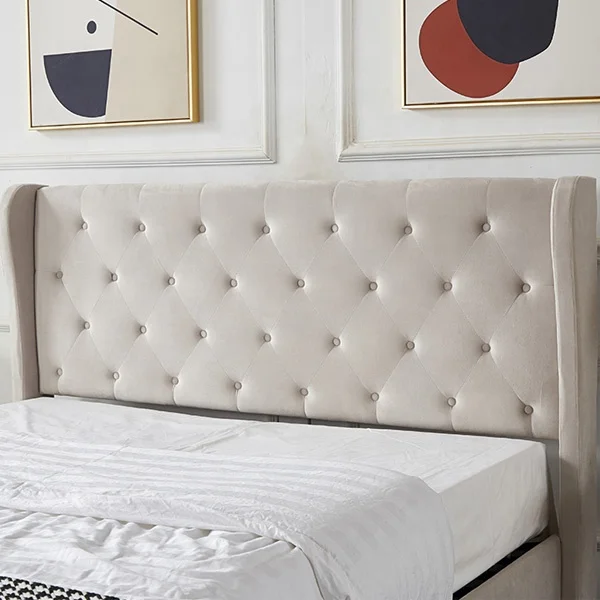 winged back wooden frame double queen king size  high quality  Handmade  ottoman gas lift leather fabric velvet storage bed