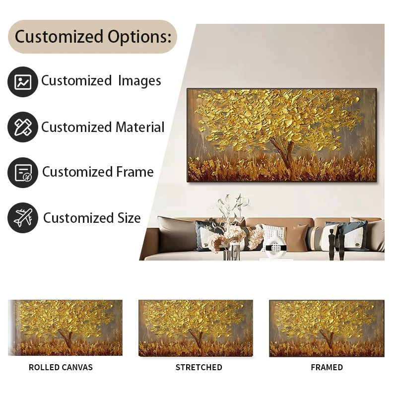 Luxury Accessories Decoration Wall Pictures Gold Tree 100% Handpainted Oil Painting Art For Decor
