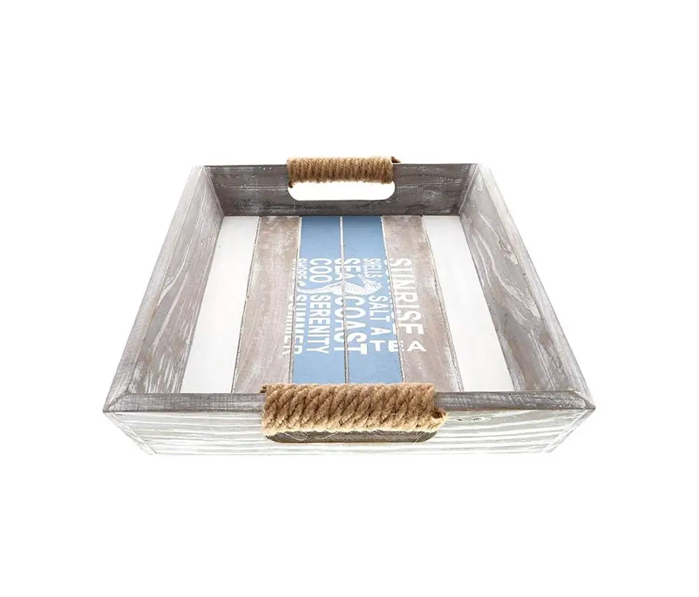 
Nautical Wooden Ocean Breeze Beach Theme Decor Real Natural Wood Handcrafted Hand Painted Aqua Sky Serving Tray 