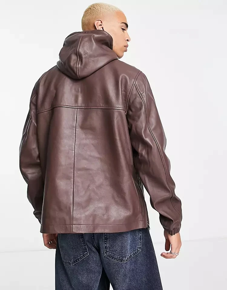 OEM custom logo brown half zipper PU synthetic leather elastic sleeve waterproof windproof trended 80 GSM hoodie for man