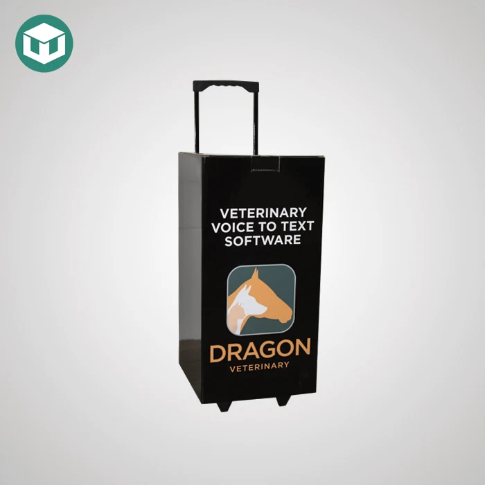 Recyclable Exhibiting Cardboard Trolley Box Cheapest Movable Cardboard Retail Suitcase Advertising Box