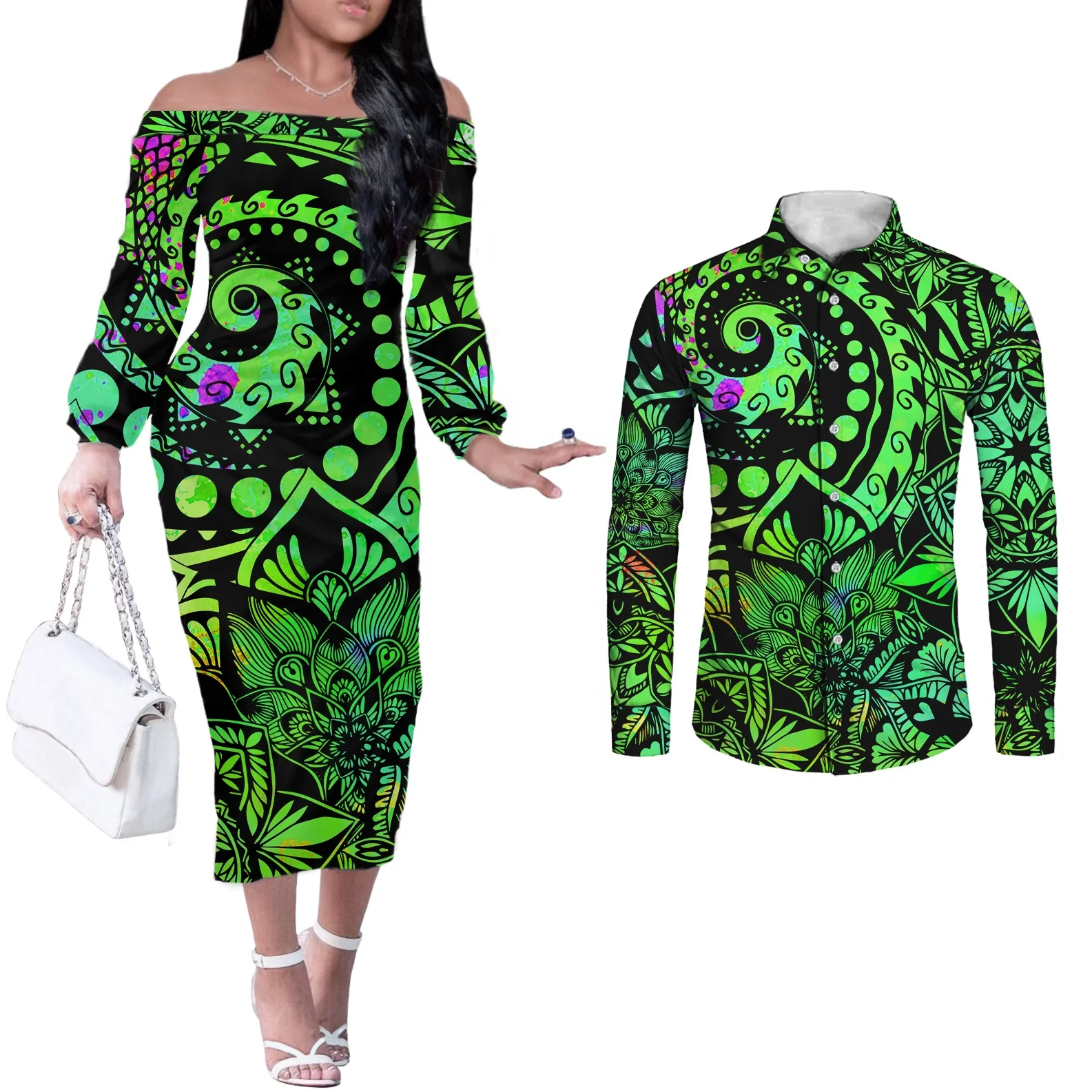 couple clothes Drop shipping Polynesian Tribal Pattern Design Classic Mens Hawaiian Plus Size Shirts Match Women Plus Size Dress