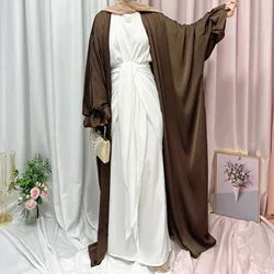 Fashion Puff Sleeve Islamic Cardigan Robe Abaya Muslim Elegant Satin Solid Color kimono Abaya Dubai