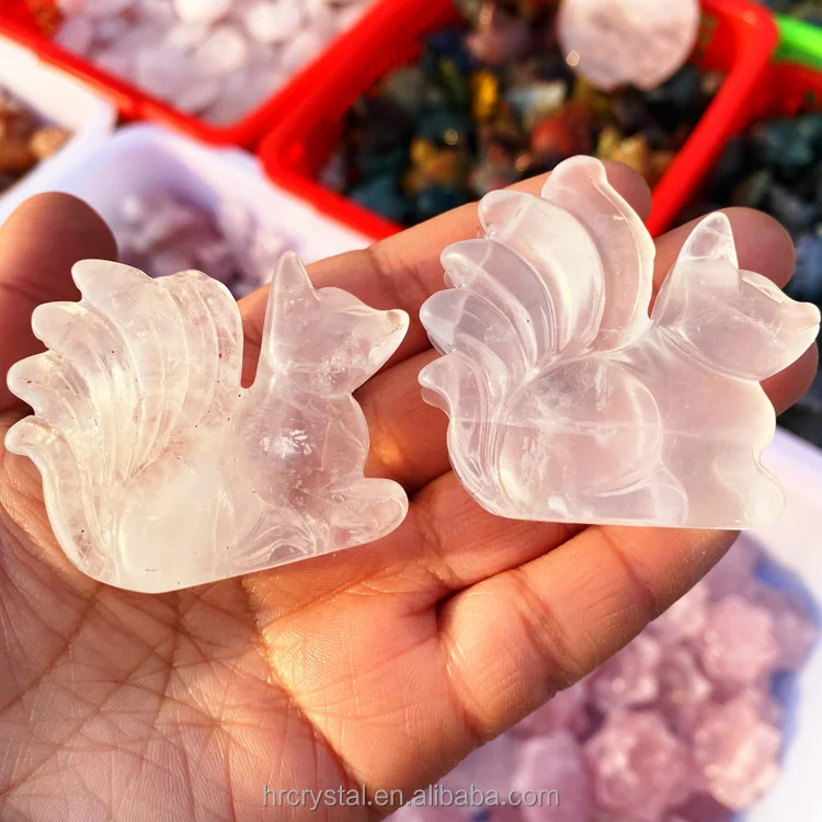 Semi-precious Stone Crafts Hematoid Quartz Rose Quartz Nine Tail Fox Crystal Animal Carvings