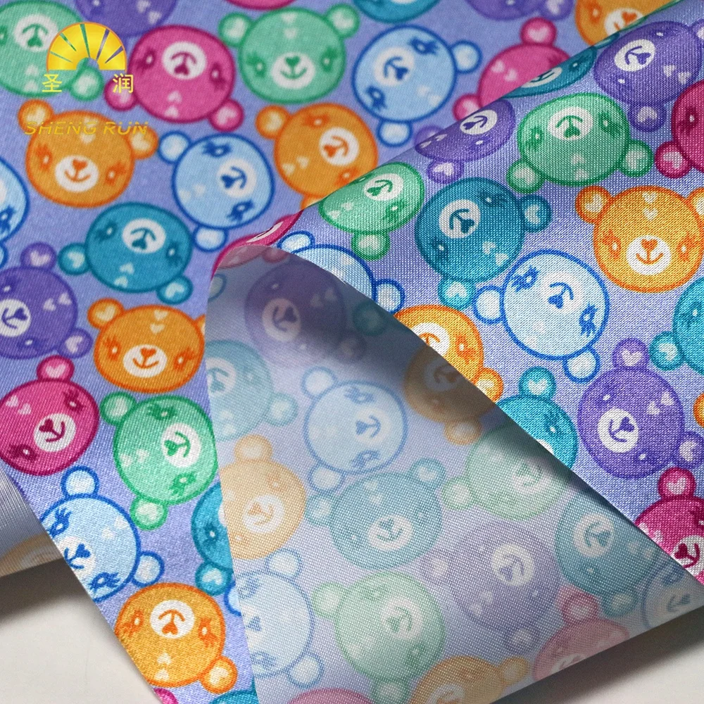 No MOQ Custom Printed Color Cartoon Bear Polyester Satin Pajamas Fabric