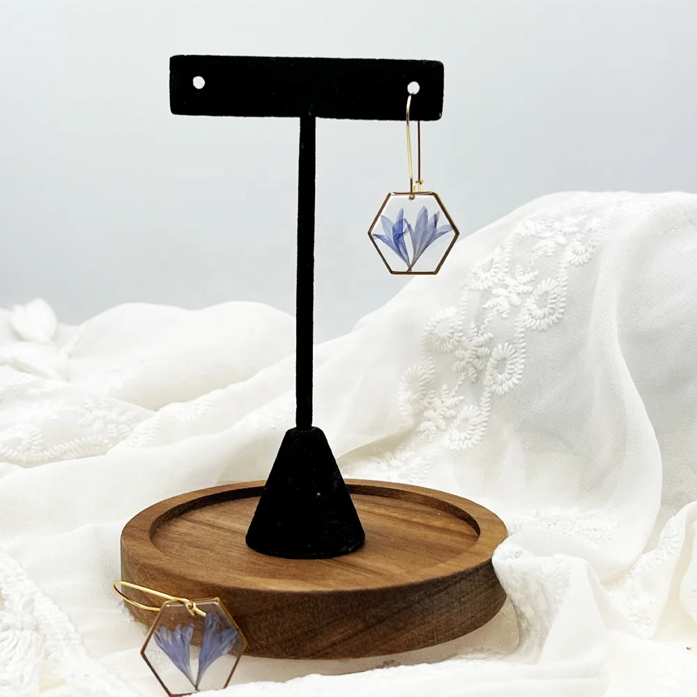 Geometric Handmade Resin Jewelry Blue Real Corn flower Gold Hexagon Hoop Earrings Unique Birthday Gift