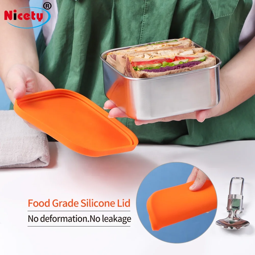 18/8 Stainless Steel Food Containers With silicone lid Medium Snack Quadrate Lunch Box For Kids Leakproof Lunchbox For Adults
