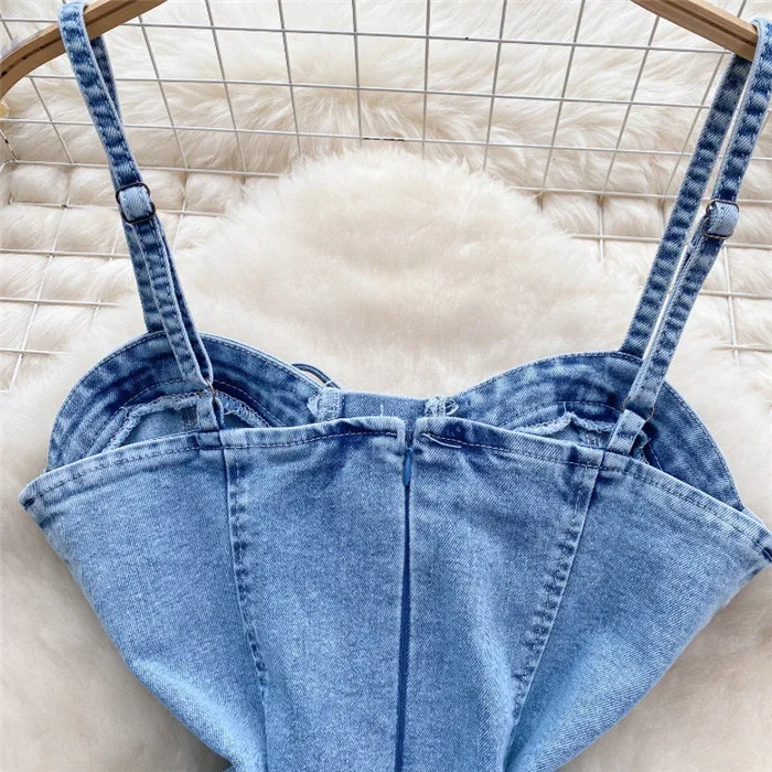 Spring Korean-style Outfit - Sweet Tied Belt Denim Skirt with Slim Fit Short Strap Dress for Women Exuding an Elegant Atmosphere