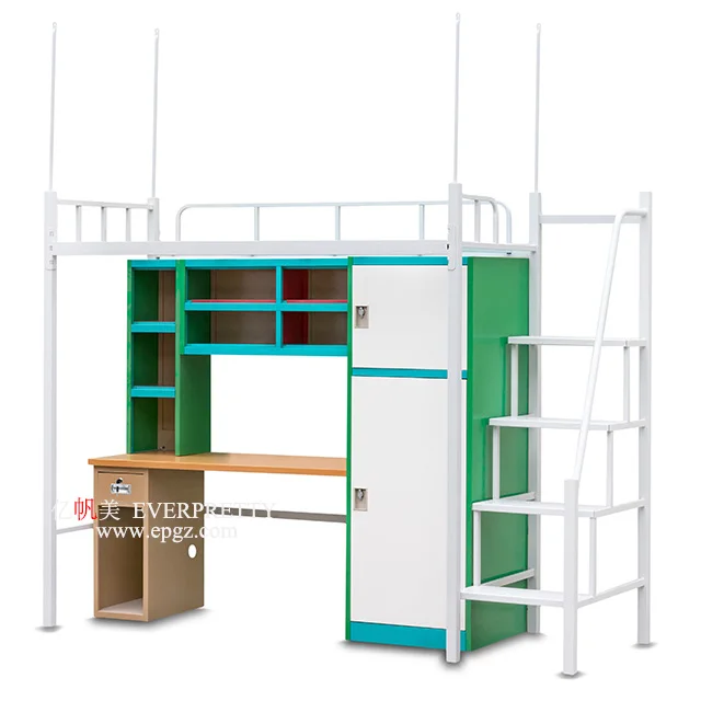 Modern Style Design School Dormitory Furniture Single Bunk Bed with Wooden Wardrobe