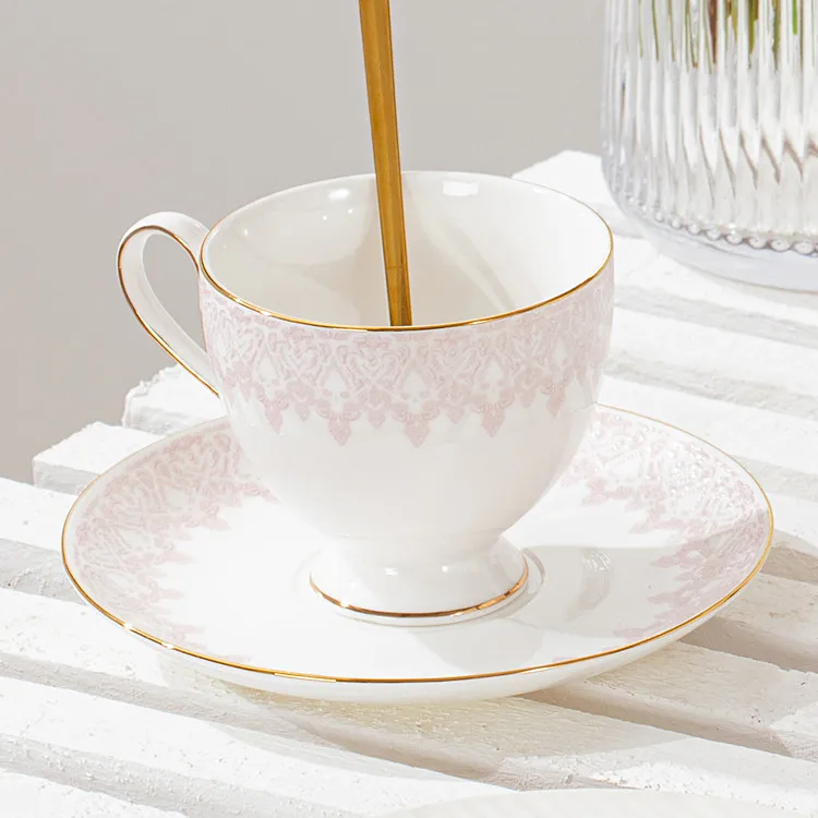 Italy daily afternoon tea use pink decal classical ceramic tea cups luxury gold rim cappuccino coffee cup and saucer set