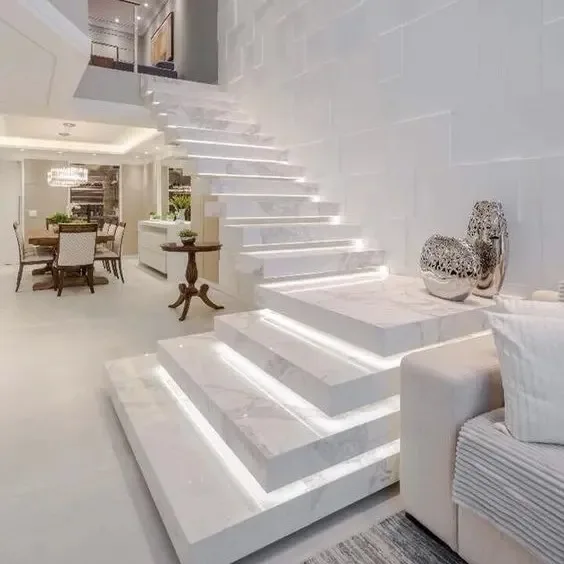 OEM/ODM Custom Natural Marble Floating Curved Staircase Modern Indoor Panda White Marble tiles for Stair Treads Design