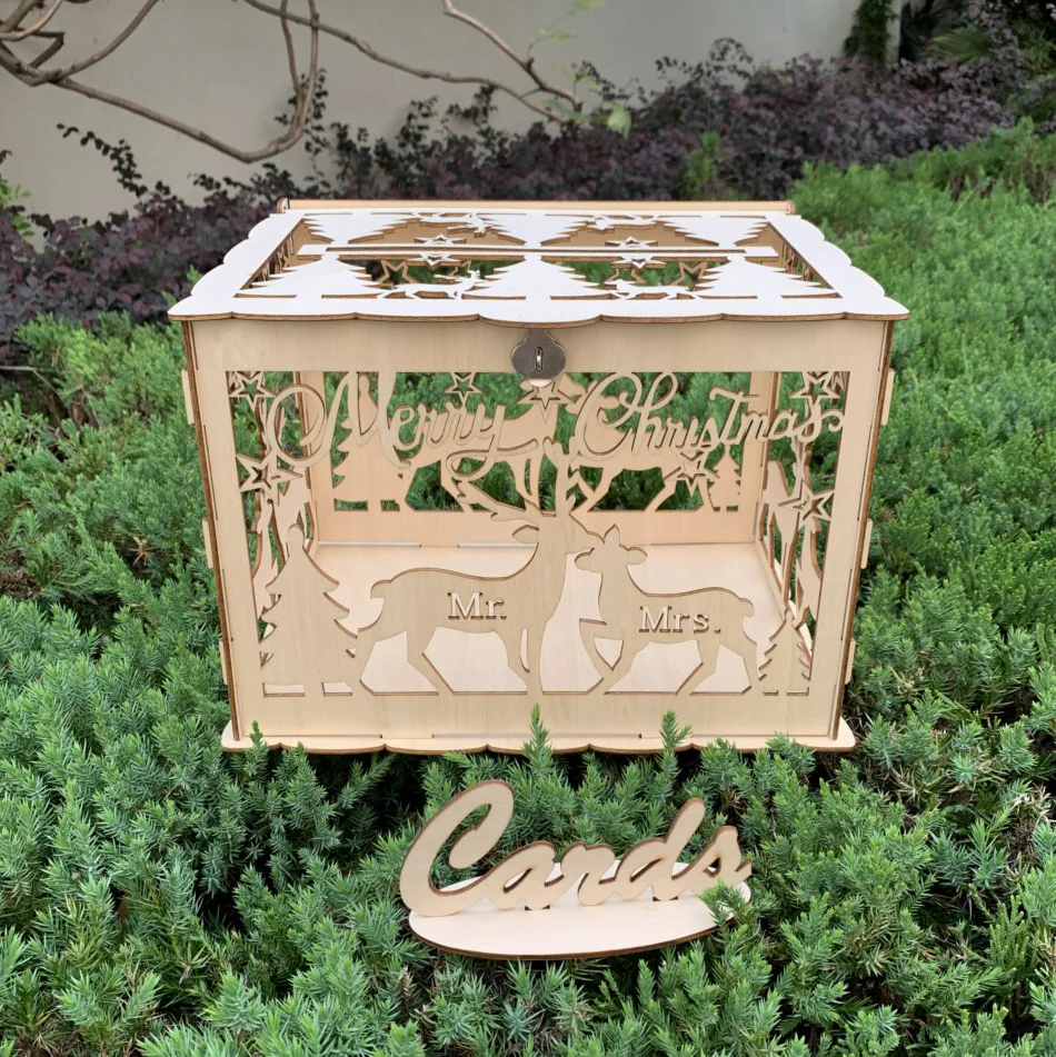 christmas deer wooden wedding card box hollow box with lock for card sign and gift card