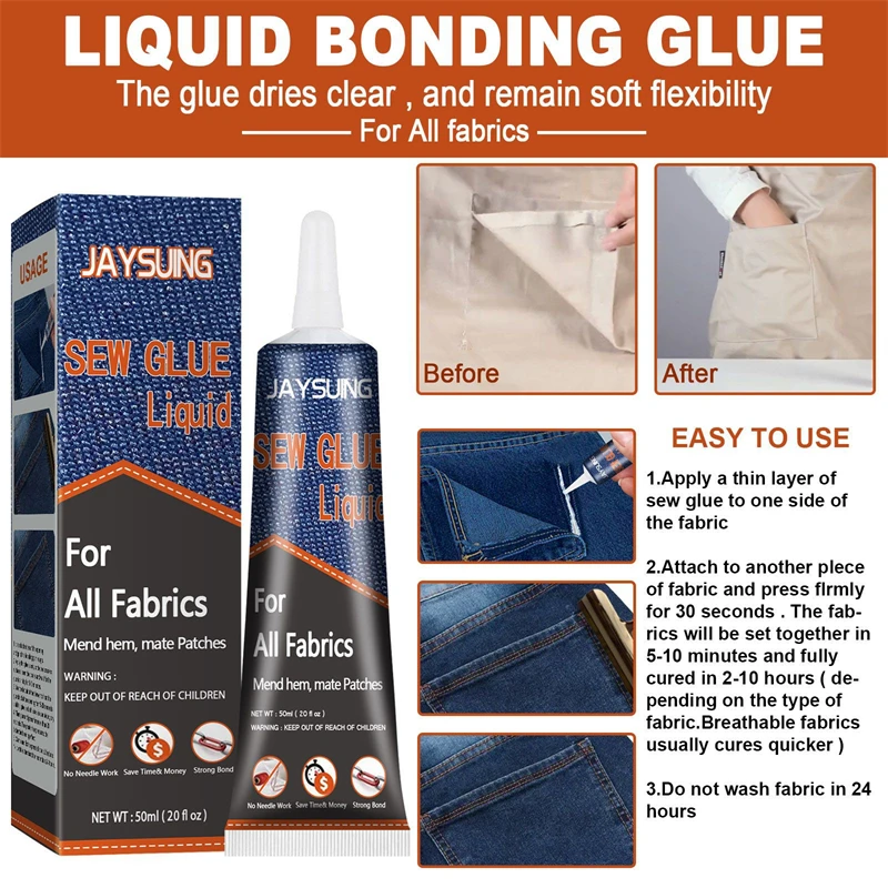 Jaysuing 50ml sew glue liquid denim polyester rack plush silk cotton linen non woven fabrics leather cloth universal sewing glue