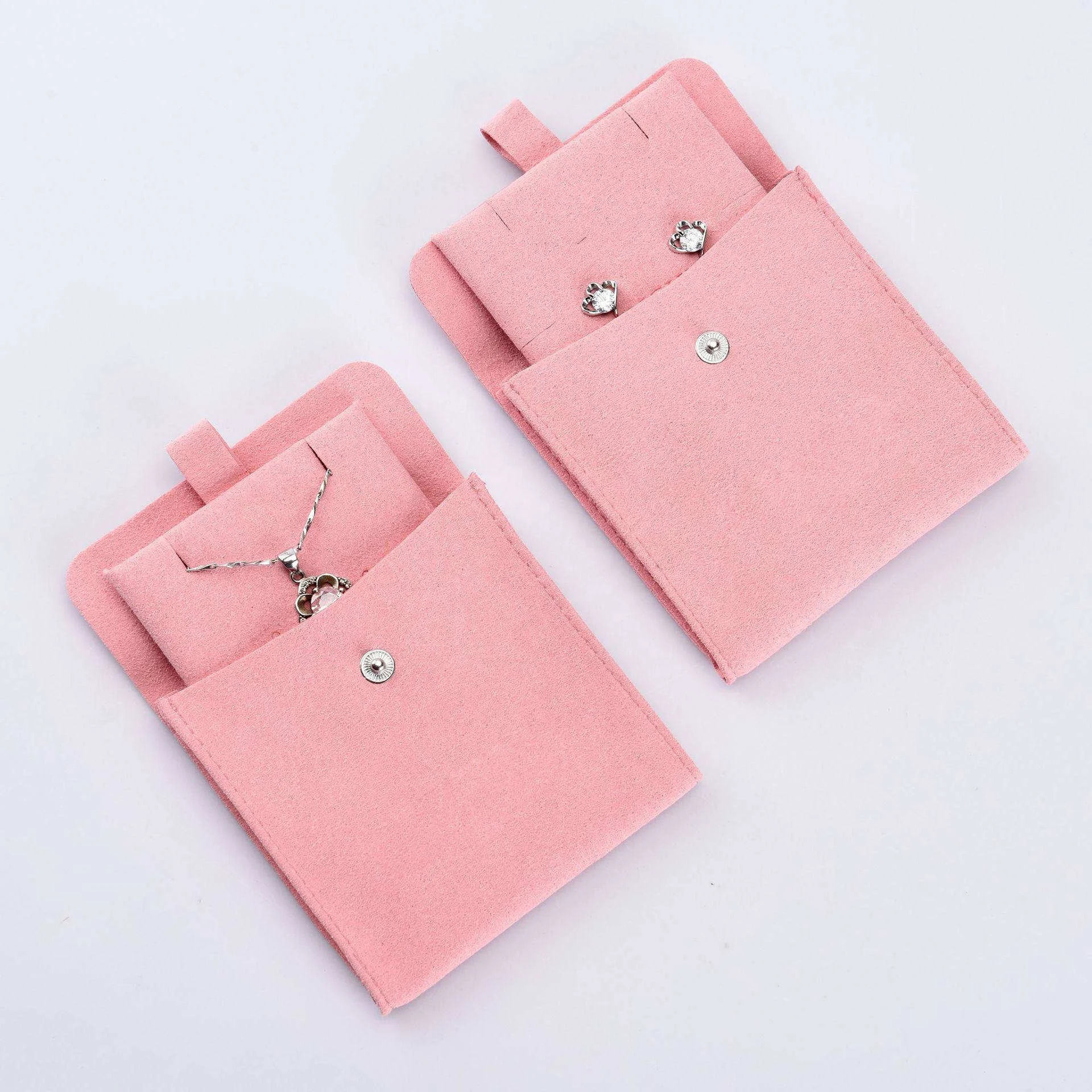 Bestpackaging Pink microfibre leather envelope flap jewelry pouch bag Snap Button jewelry packaging pouch with Insert card