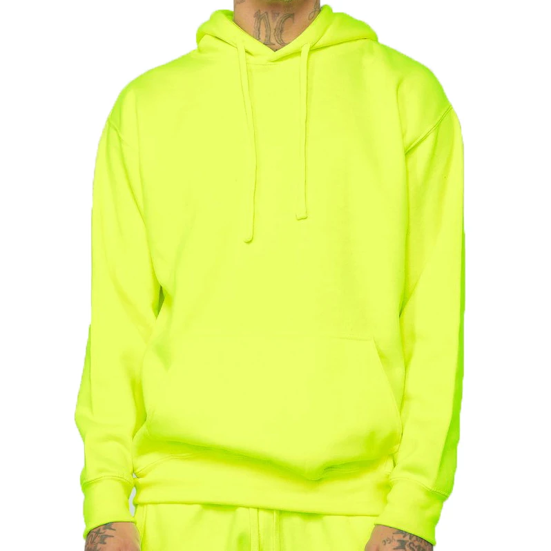 classic pullover ribbing cuffs and hem kangaroo pocket neon hoodie