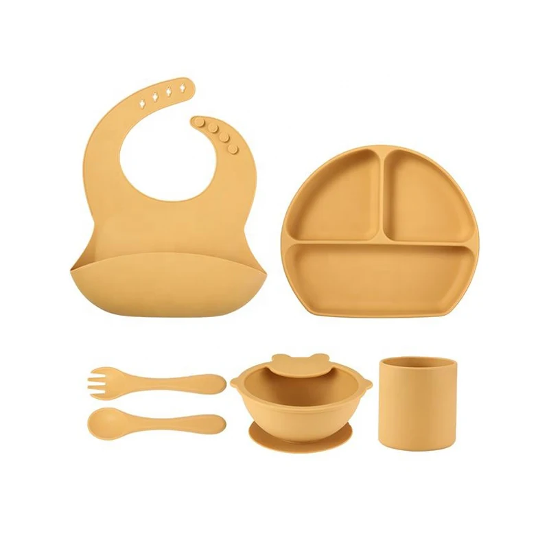 Amazon Hot Sale 6 Pieces Baby Feeding Sets Baby Feeding Bib Suction Plate And Silicone Bowl Silicone Baby Feeding Sets