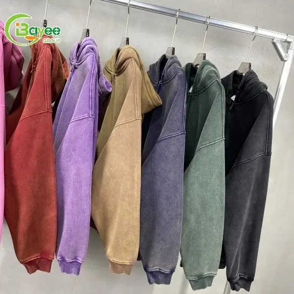 Custom 360Gsm Fleece Double Zipper Sun Faded Zip Up Hoodie Blank Unisex Drop Shoulder Vintage Acid Wash Zip Hoodie For Men