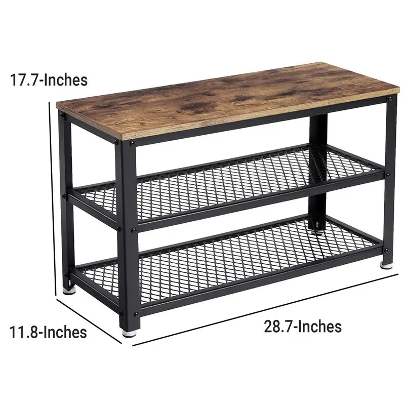 Shoe Shelf Storage Bench with Metal Mesh Shelves and Seat, Wood Free Standing Shoe Rack
