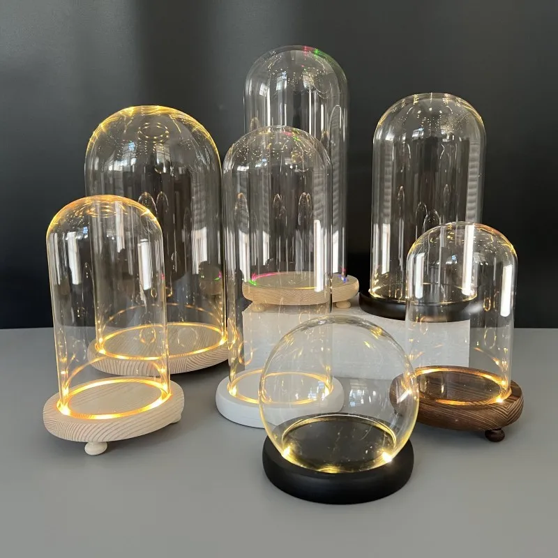 Factory wholesale hand blown transparent glass dome Christmas Wedding Cloche Flower Rose Glass Dome Wood Base With Led Lights