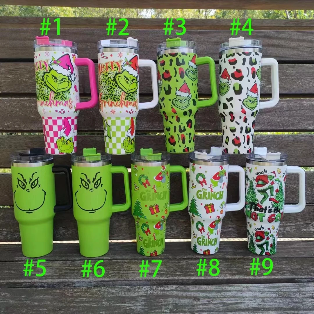 Christmas Cup Double Wall Vacuum Stainless Steel 40 oz Green Grinch Christmas Coffee Mugs With Straw and Handle