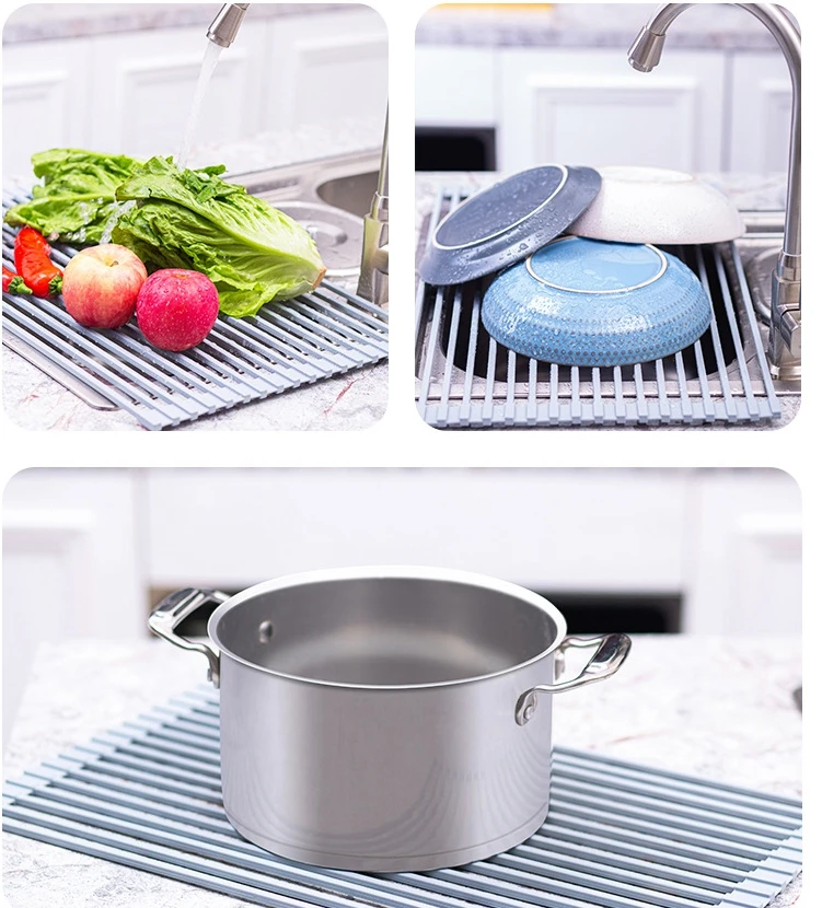 WH71 Foldable Stainless Steel Dish Drainer Roll Up Dish Drying Rack Shelf Kitchen Sink Holder Organizer Foldable Sink Mat Rack