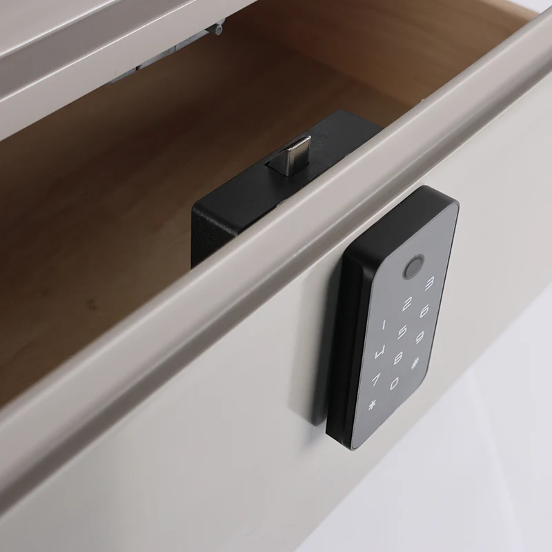 Hot sale multifunctional smart lock hotel home modern wood storage cabinet fingerprint locks bedroom bedside table with LED