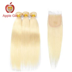 Honey Blonde Bundles With Closure Brazilian Remy Straight Human Hair Cuticle Aligned Hair 613 Bundles With Closure