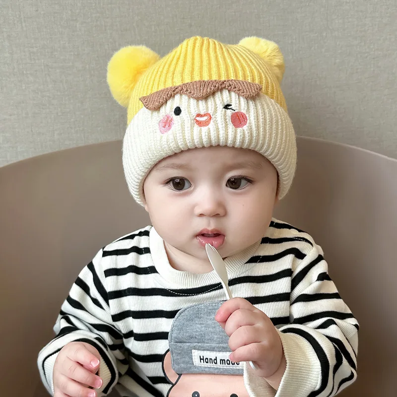Fall Baby Hat Winter Cute Wool Ball Set Head Cap Infant And Young Children Knitted Wool Thickened Ear Protection  Ear