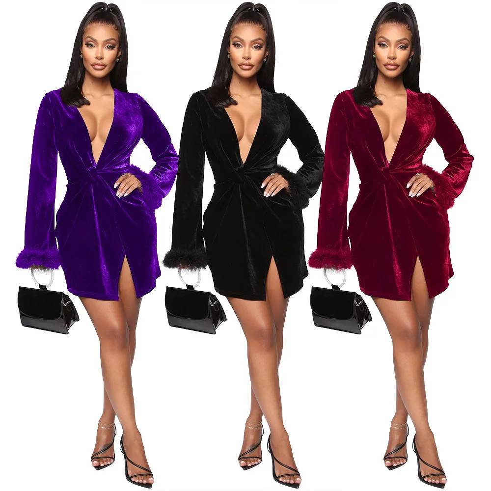 2021 New arrivals women clothes Drop Shipping Sexy V-neck Twisted Fleece Flare Sleeve Velvet Dresses Women Elegant